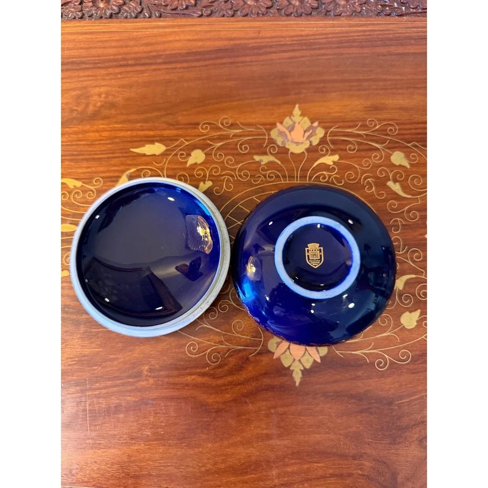Vintage Limoges Cobalt Blue Gold Trinket Box, French Porcelain 4.5
